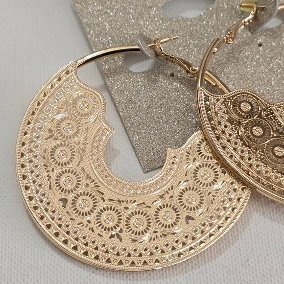 Natasha Gold Tone Huge Large Filigree Hoop‎ Earrings New!! - Picture 5 of 5